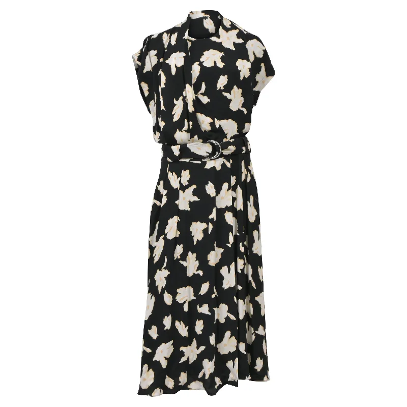 Proenza Schouler Belted Floral-Print Georgette Midi Dress in Black Viscose