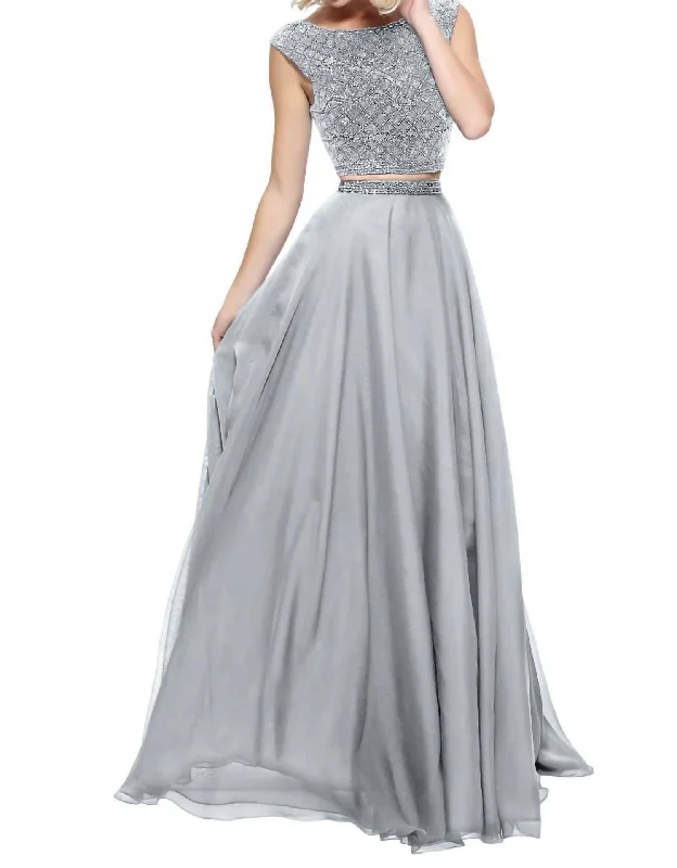 Two-Piece Chiffon Cap Prom Dress In Silver