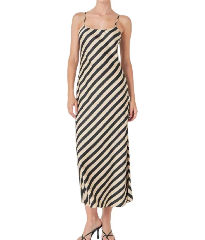 Blaire Stripped Maxi Slip Dress In Cream Black