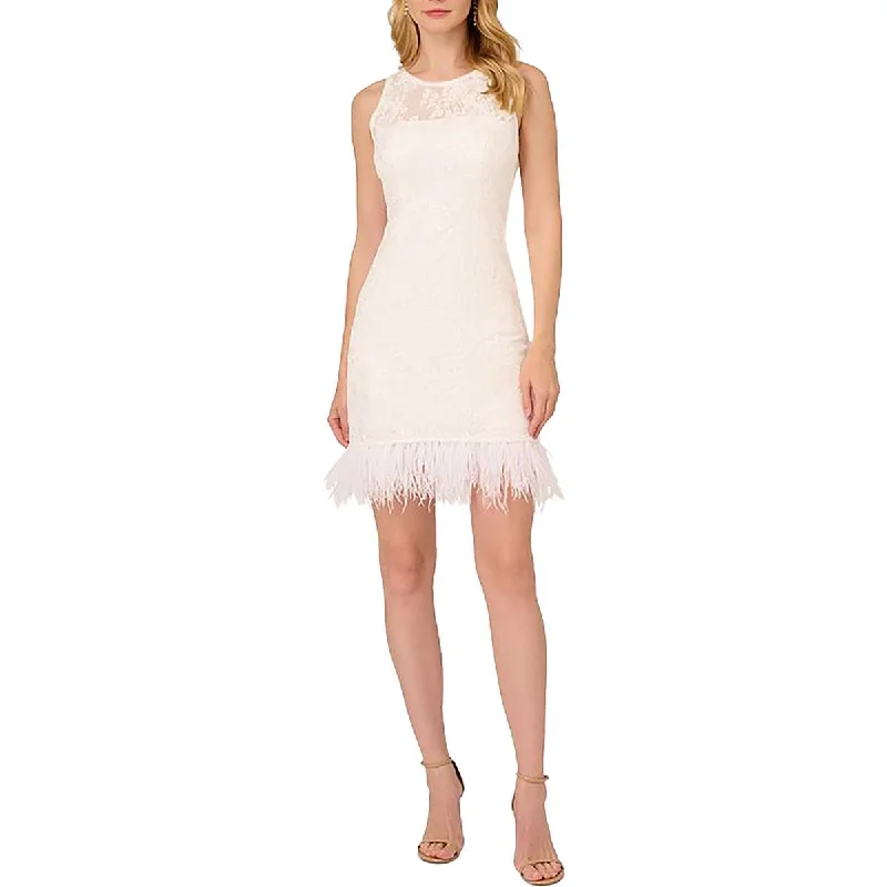 Womens Lace Ostrich Feather Mini Dress