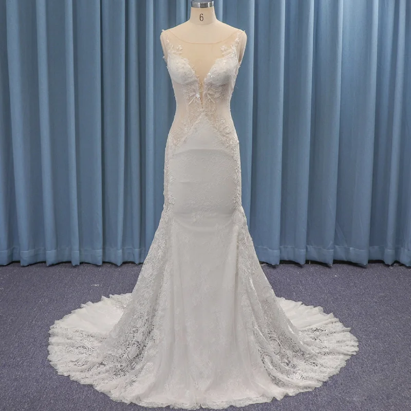 Sexy Sheer Neckline and Bodice Mermaid Lace Wedding Dress