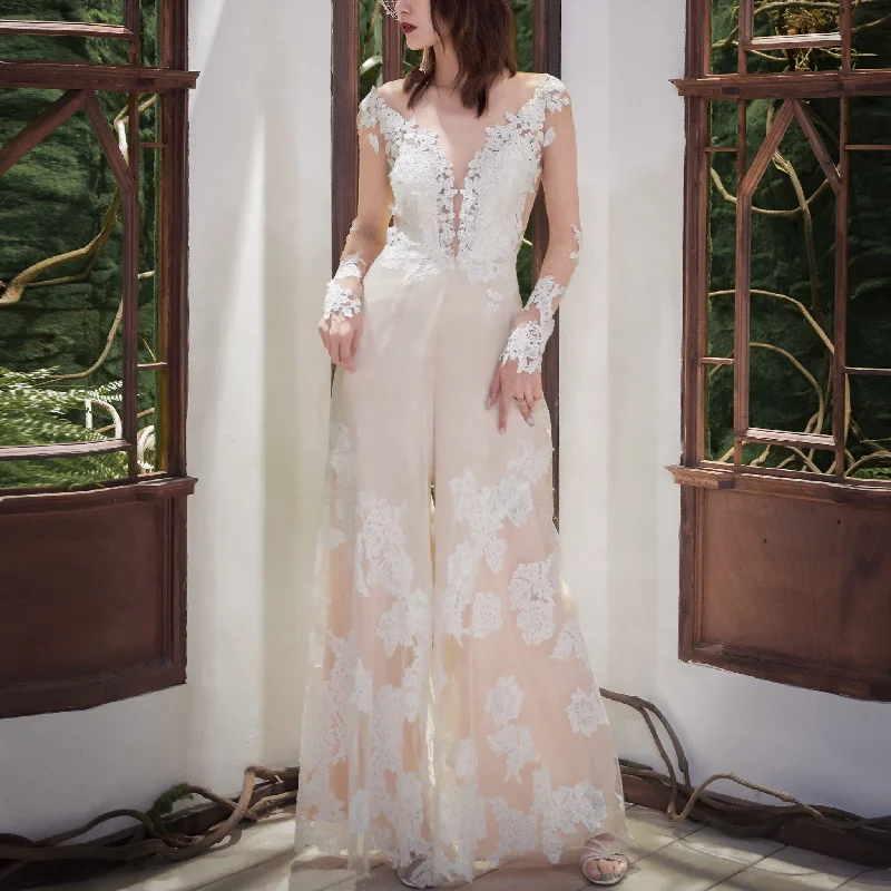 Sheer Long Sleeves Jumpsuit Wedding Dresses Bridal Gowns