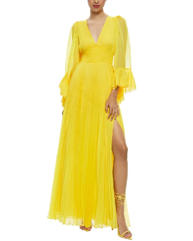 alice + olivia Selene Deep V Pleated Maxi Dress