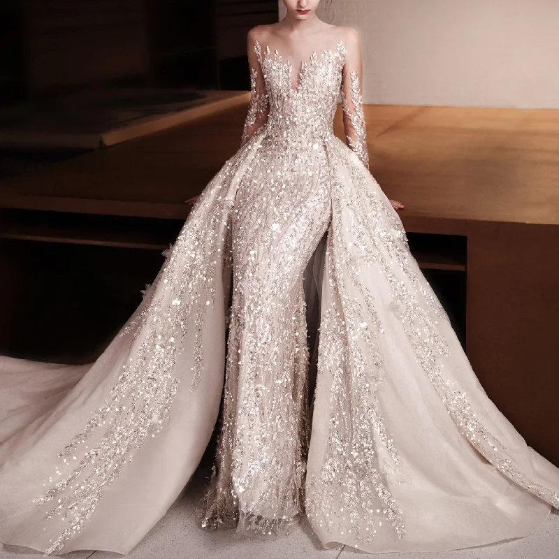 Sheer Neck Long Sleeve Mermaid Wedding Dress With Detachable Train