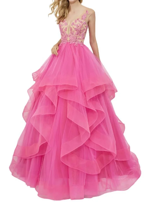 Plunging V-Neck Prom Dress In Fuchsia