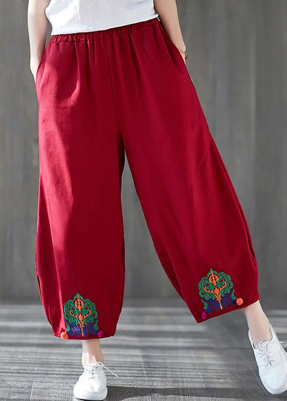 Unique Red Embroideried Wide Leg Pants Summer