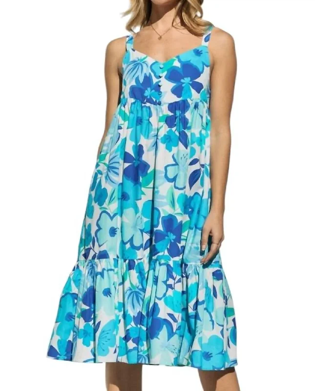 Floral Printed Woven Tiered Midi Dress In Blue Multi