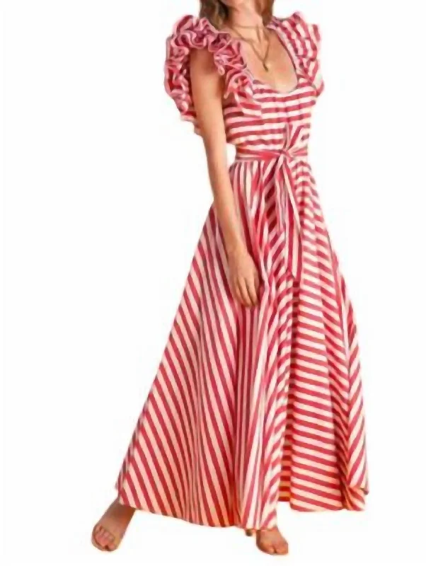 Ruffled Strap Long Dress In Red/white