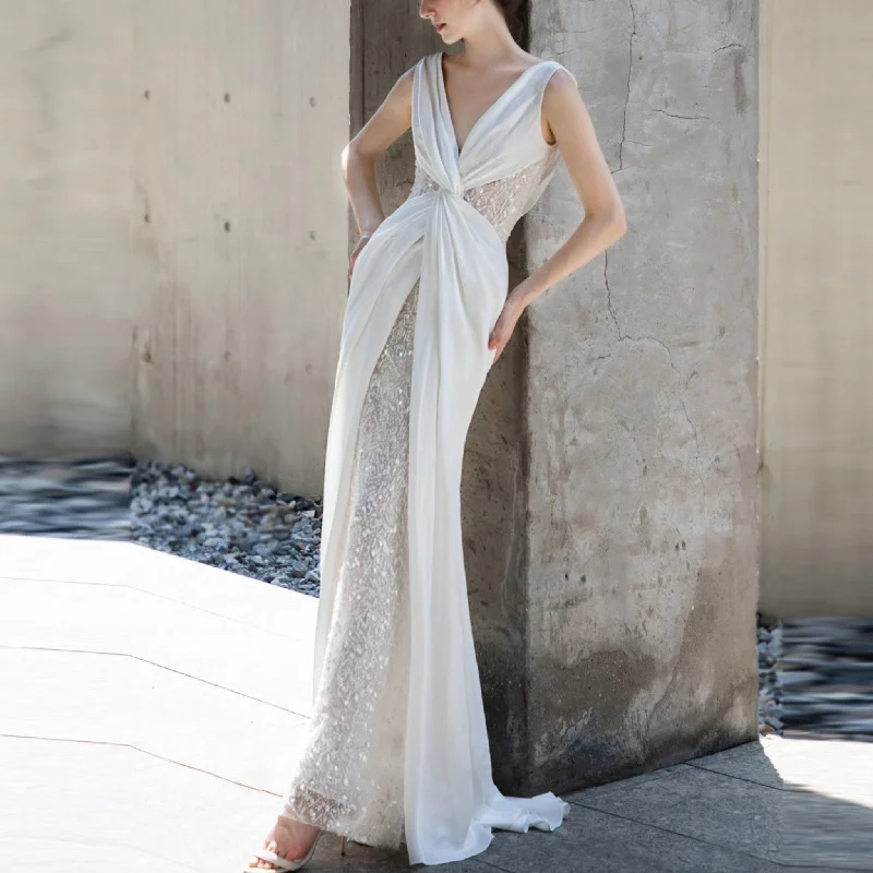 Mermaid Fitted Beaded Wedding Dress With Deep V-neckline