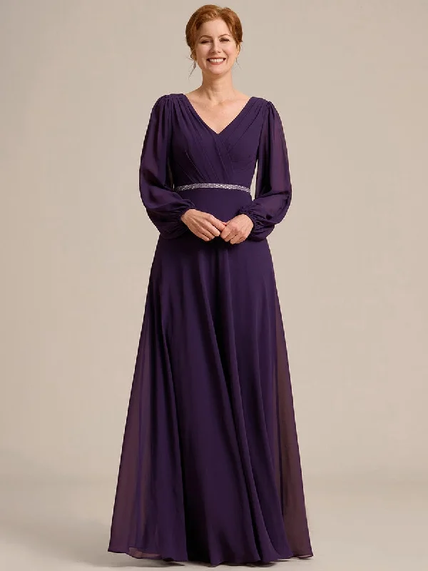 Clara | V-Neck Long Sleeves Shiny Belt Chiffon Mother of the Bride Dress