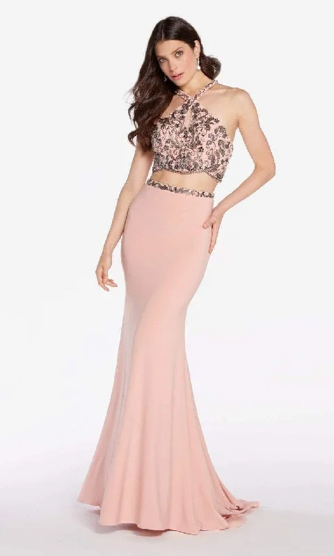 Alyce Paris 60018 - Beaded Cross Halter Croptop Two-Piece Gown