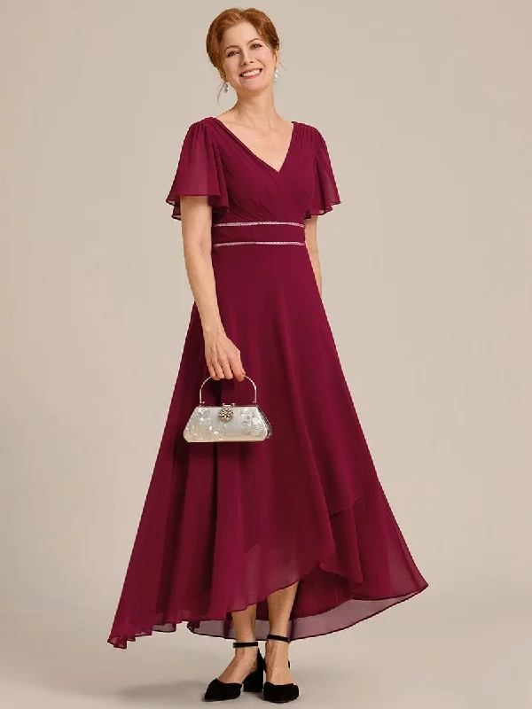 Yolanda | Double V-Neck Waist Trimmed Chiffon Mother of the Bride Dress