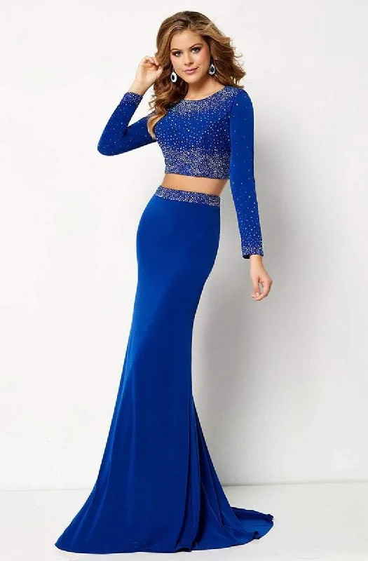 Studio 17 - 12665SC Jewel Studded Long Sleeve Croptop Jersey Gown