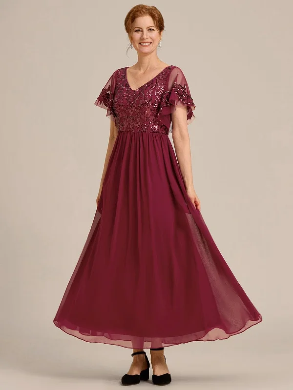 Short Sleeve V-Neck Sequin Chiffon A-Line Mother of the Bride Dress