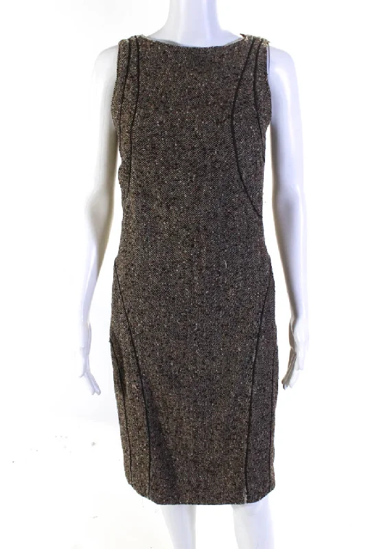 Valentino Womens Vintage Herringbone Tweed Midi Sheath Dress Brown