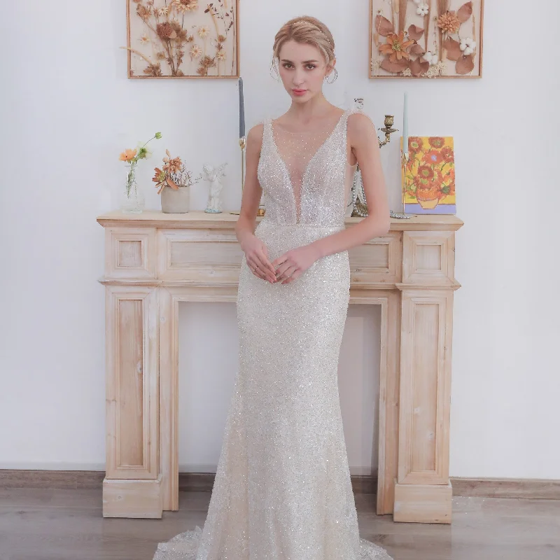 Sequin Mermaid Wedding Dress with a Illusion Neckline