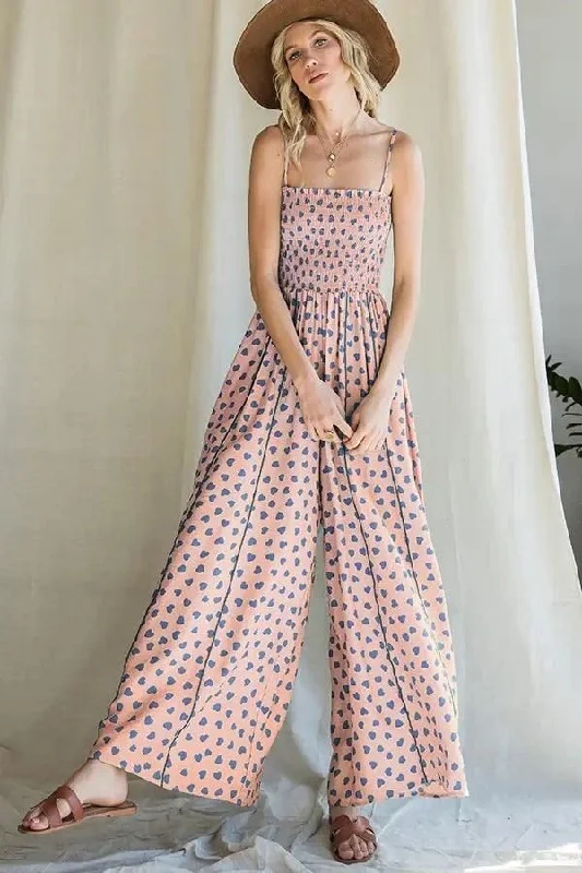 Smocked Polka Heart Print Jumpsuit