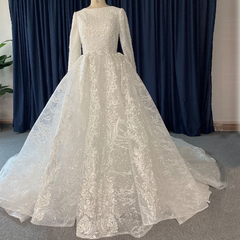 Lace Long Sleeves Illusion Boat Neck Ball Gown Wedding Dress