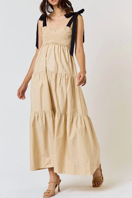 Smocked Tie Maxi Dress In Taupe