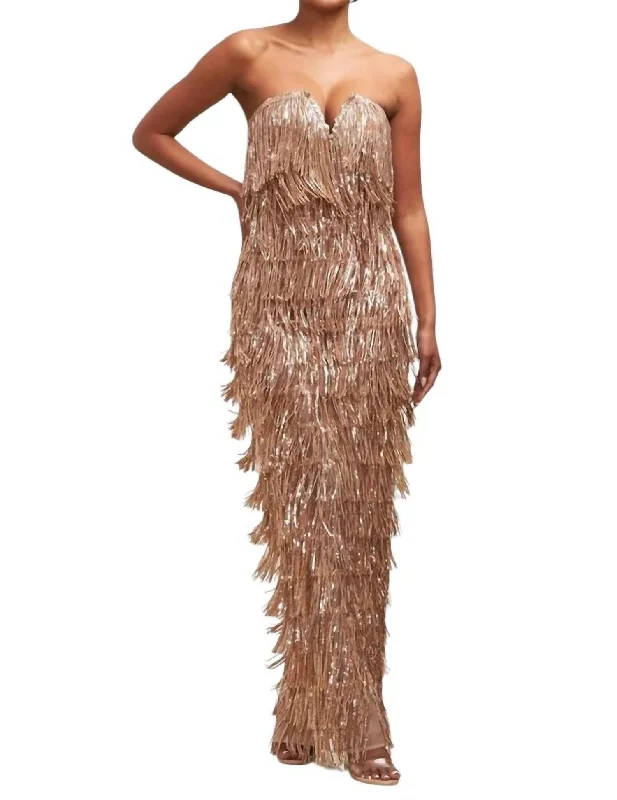 Sequin Fringe Maxi Dress In Rose Gold