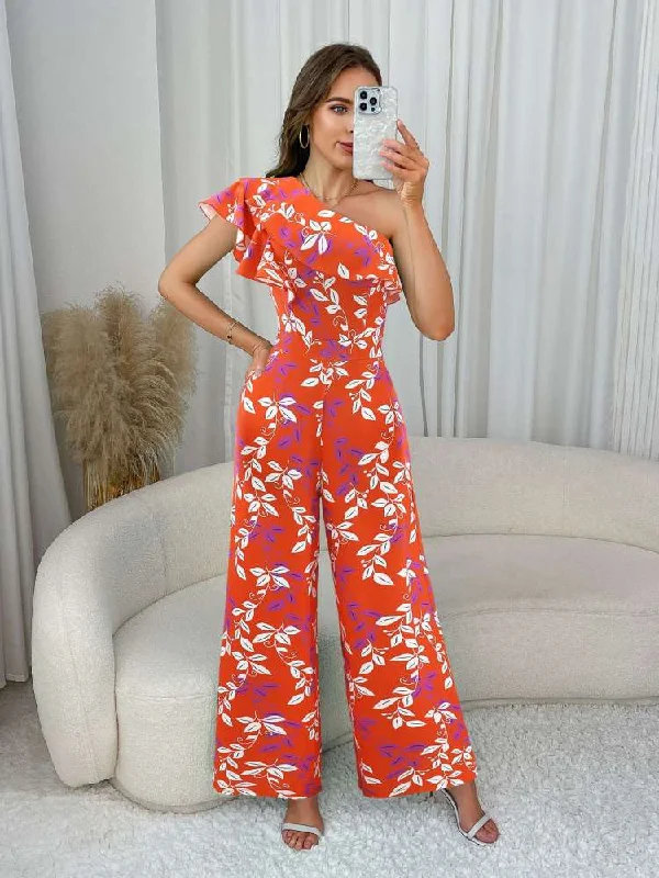 Colorblock Frill Sleeve One Shoulder Jumpsuits