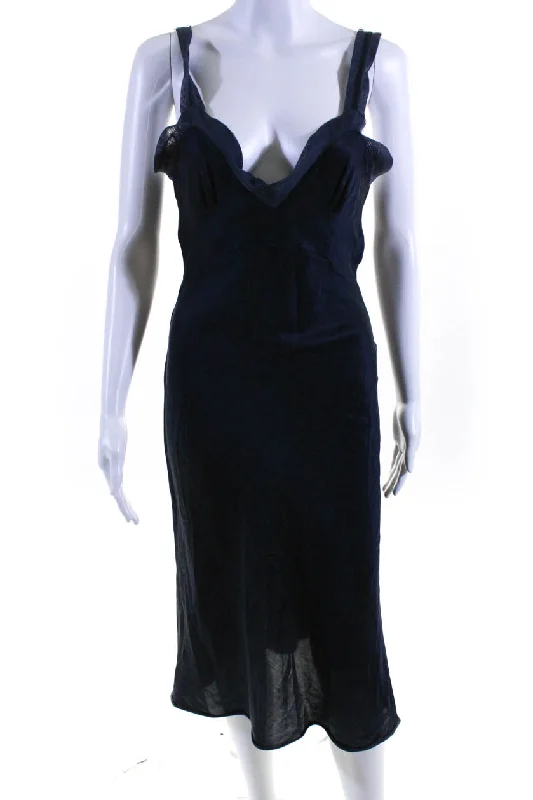 Brazeau Tricot Womens Lizzy Tulle Hem Satin V Neck Midi Sheath Dress Navy