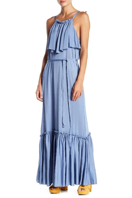 Coco Ruffle Sleeveless Strappy Popover Maxi Dress In Blue