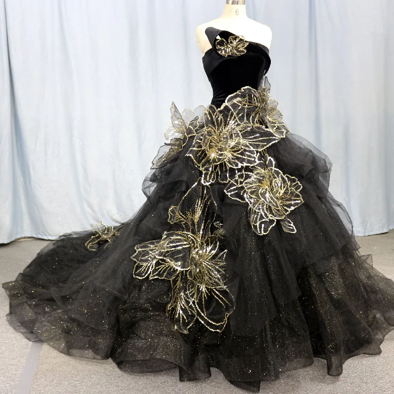 Elegant Black Wedding Dress with Gold Flower Ruffle Skirt