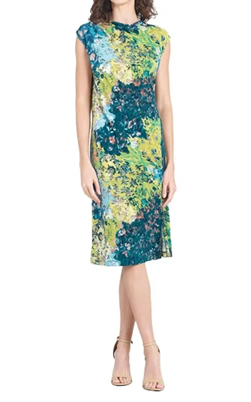 Floral Patch Print Sleeveless Ruched Soft Knit Midi Dress In Green Multi