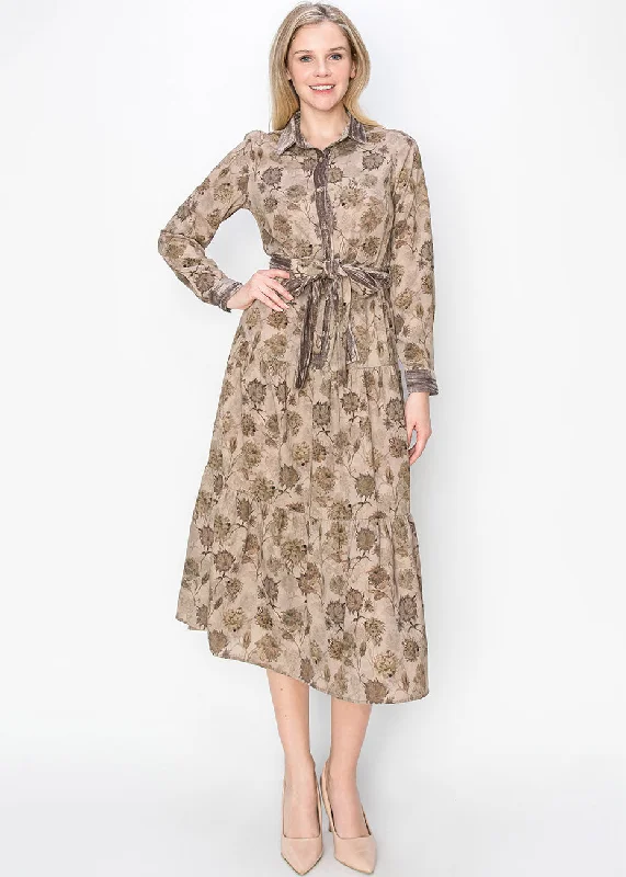 Taupe Garden Print Midi Dress