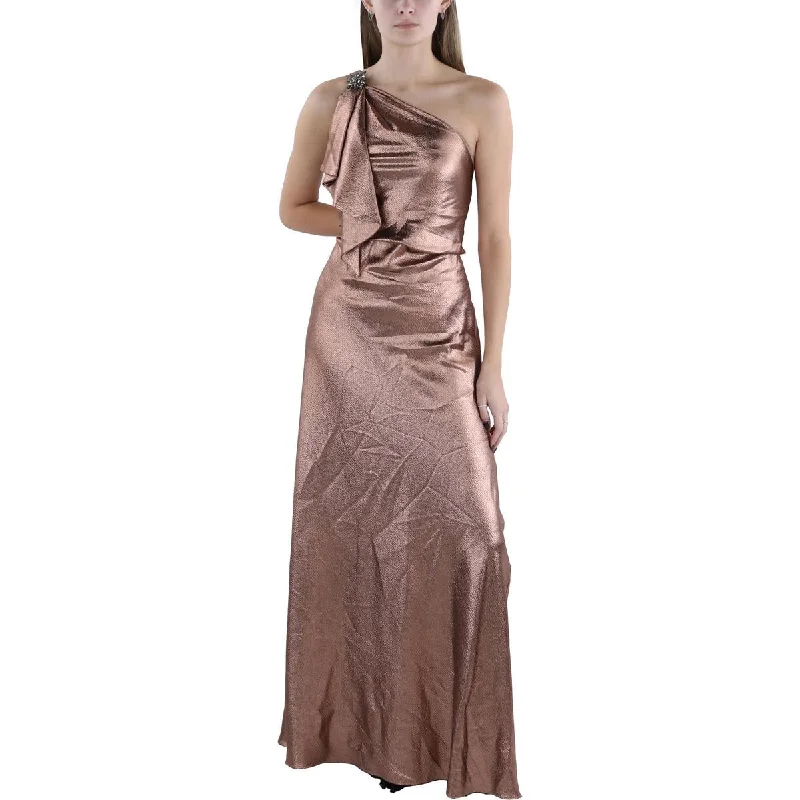 Womens Hammered Satin One Shoulder Evening Dress