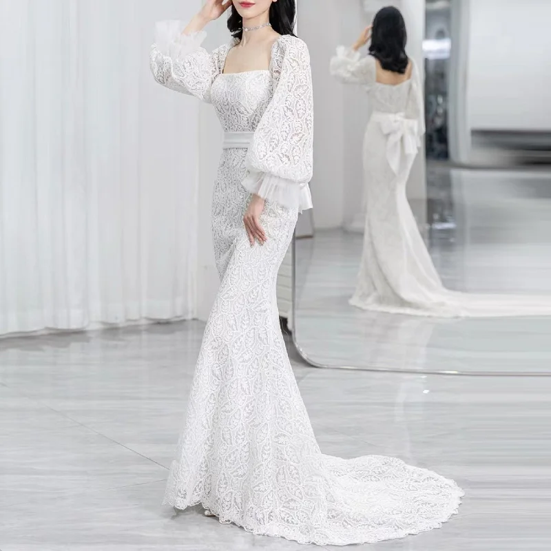 Square-neck Long Sleeve Mermaid Lace Wedding Dress with Train