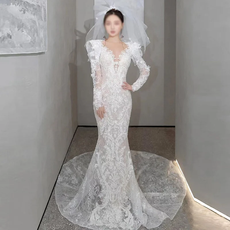 Long Puffy Sleeve Lace Mermaid Sheer Wedding Dress Bridal Gown