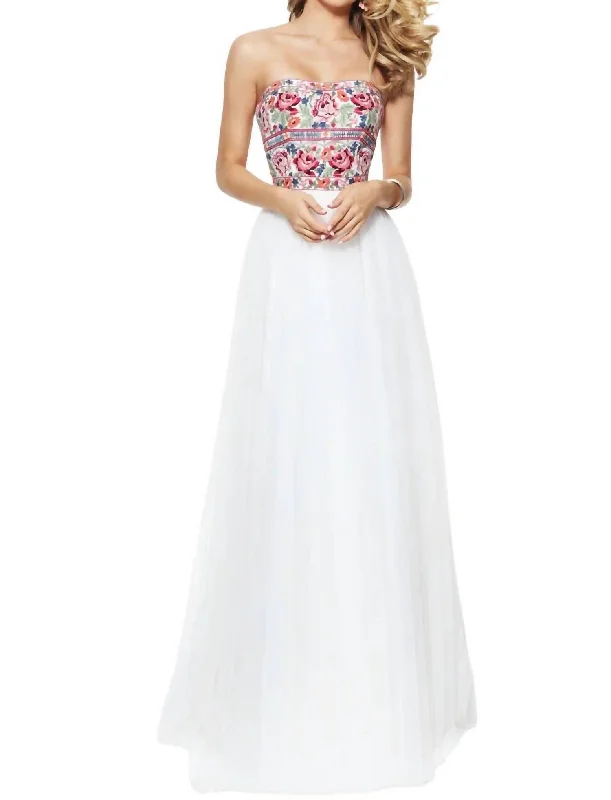 Embroidered Strapless Prom Dress In Ivory/multi