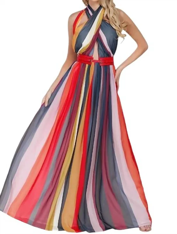 Stripe Halter Maxi Dress In Multicolored