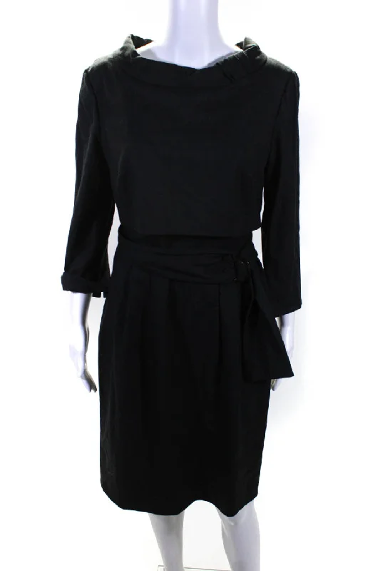 Armani Collezioni Women's Belted Half Sleeve Wool Blend Midi Dress Black