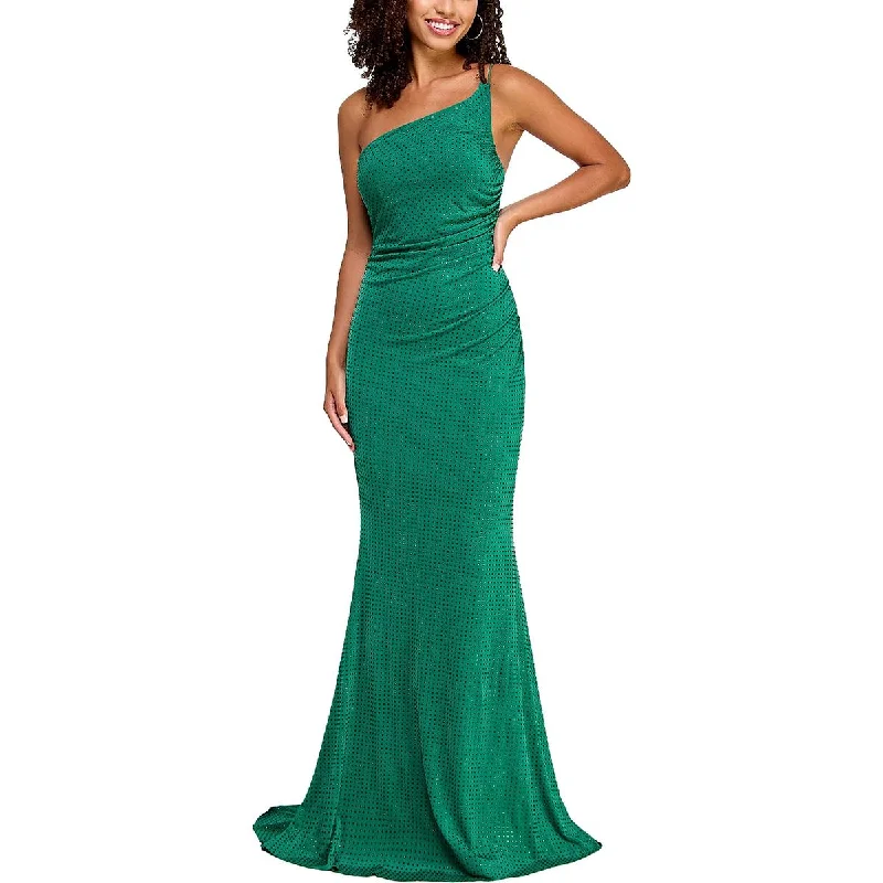 Juniors Womens Rhinestone One Shoulder Evening Dress