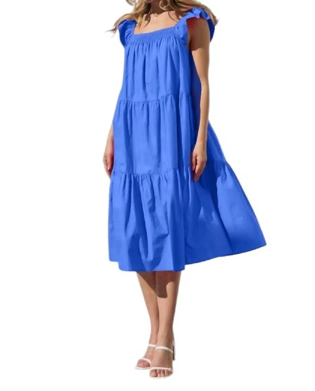 Solid Poplin Tiered Midi Dress In Blue