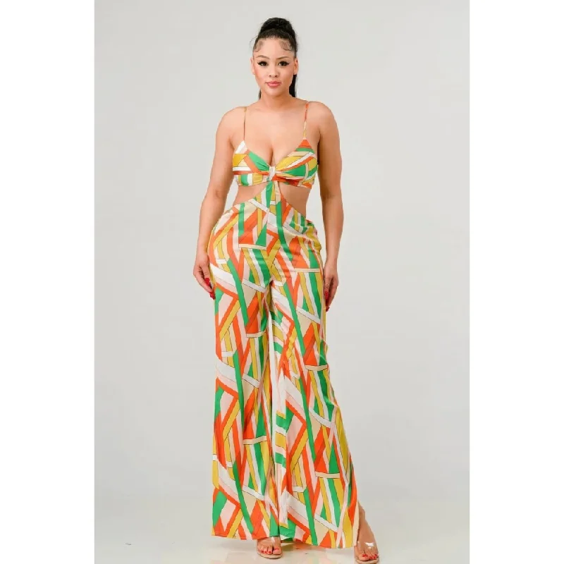 Luxe geo print satin bra top and palazzo jumpsuit